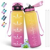 Drinkfles, Icecat 1 liter drinkfles met rietje, sportfles voor volwassenen, lekvrije drinkfles, kan worden vervoerd, drinkfles met tijdmarkering, voor kamperen, wandelen, fitness, geel-roze