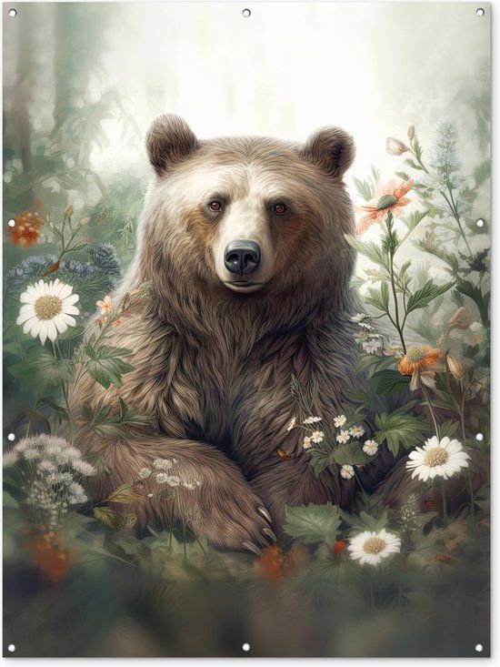 GreatGardenPosters Outdoor Wall Decoration Brown Bear - Wild Animals - Flowers - Plants - 120x160 cm - Canvas - Outdoor Poster