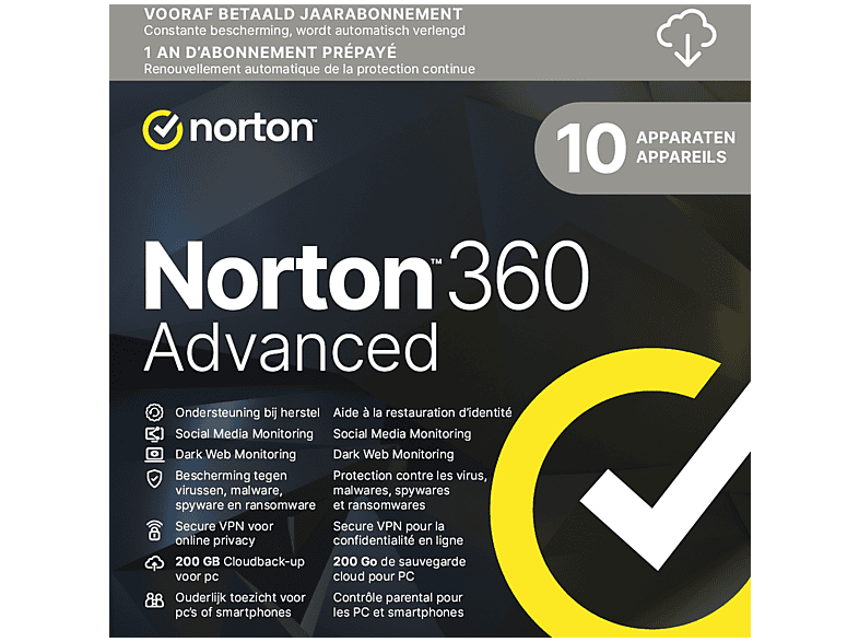 Nortonlifelock (ue) Norton Lifelock 360 Advanced - 200GB - 1 User - 10 Devices - 1 Year - ESD