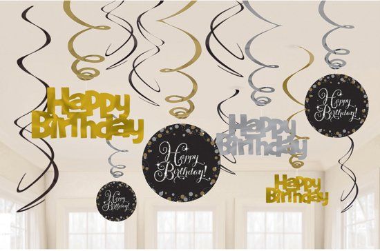 Amscan Happy Birthday Hangdecoratie - 12 stuks - 61cm - Zwart