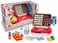 Teorema Giocattoli Speelgoedkist voor kinderen, speelgoedkassa met licht- en geluidsscanner, echte rekenmachine en supermarktaccessoires inbegrepen