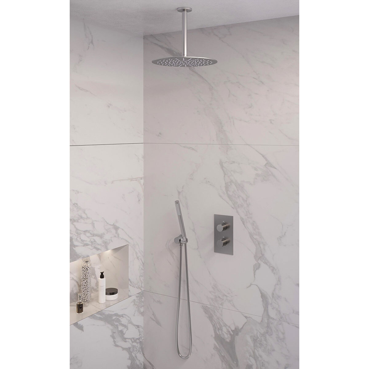 Brauer Regendoucheset 30 Inbouw Muur Brushed Edition 30cm Rond Geborsteld Nikkel PVD 2 Greeps 3-weg met Thermostaatkraan en Staafhanddouche