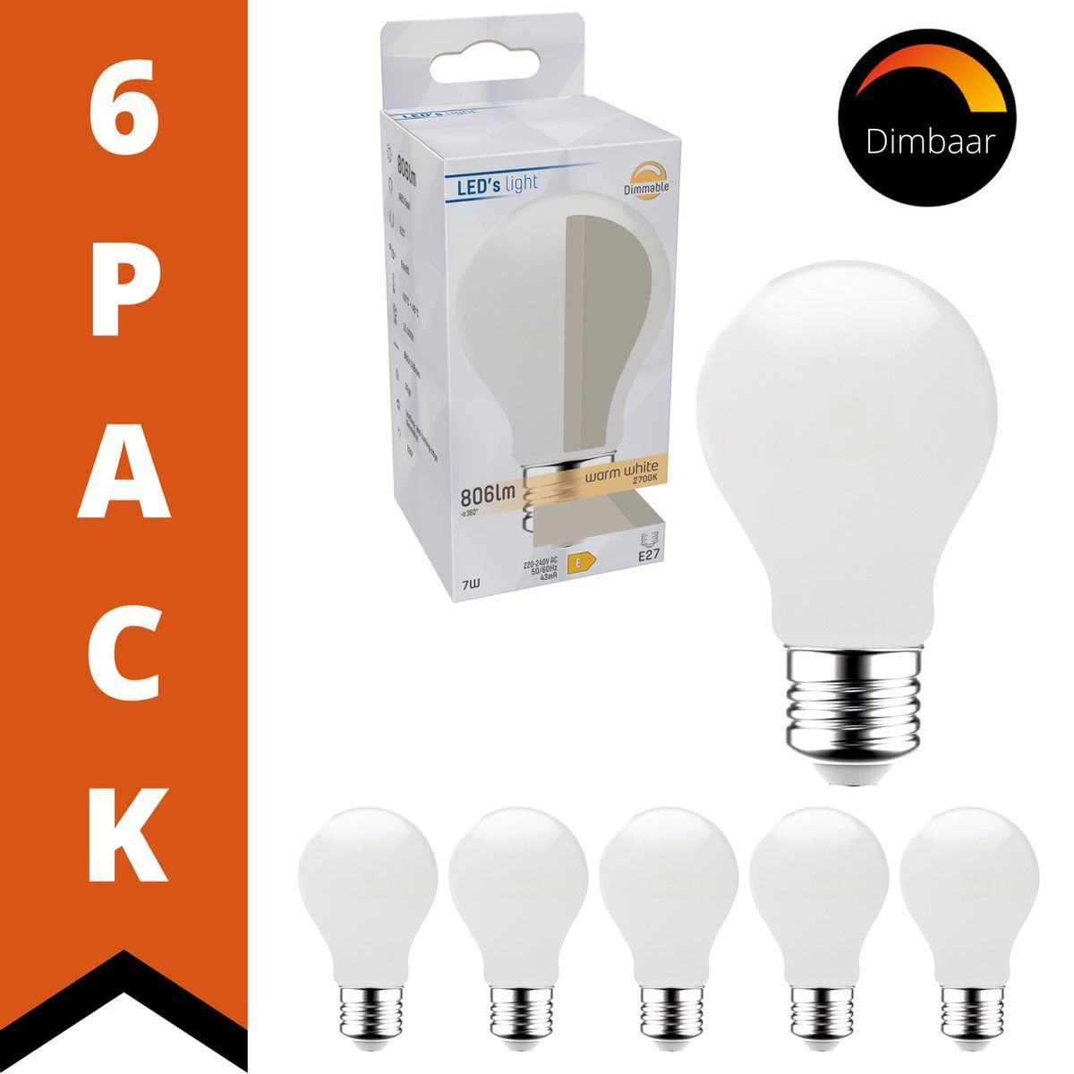 ProDim LED Lamp Mat E27 - Dimbare Warm Wit - Melkglas - 7W (60W) - 6 stuks