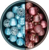 Decoris Kerstballen - 74 stuks - Oudroze en IJsblauw - 6 cm - Kunststof