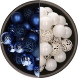 Bellatio Decorations Kerstballen mix - 74-delig - kobalt blauw en wit - 6 cm - kunststof