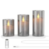 EXTSUD Led-kaarsen, vlamloos, oplaadbaar, met laadstation en afstandsbediening, 3 stuks decoratieve knipperende glazen kaarsen met timer voor feest, verjaardag, bruiloft (grijs)
