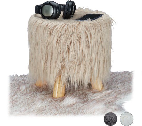 Relaxdays Krukje met vacht - houten krukje - nepbont - beige/lichtbruin