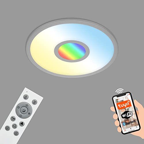 Briloner - Smart LED plafondlamp, Wifi plafondlamp met RGB centrelight, CCT, dimbaar, spraakbesturing, zilverkleurig, 450x60 mm