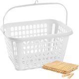 Forte Plastics Wasknijpers verzamel mandje met haak en 60x stuks houten knijpers 7 cm