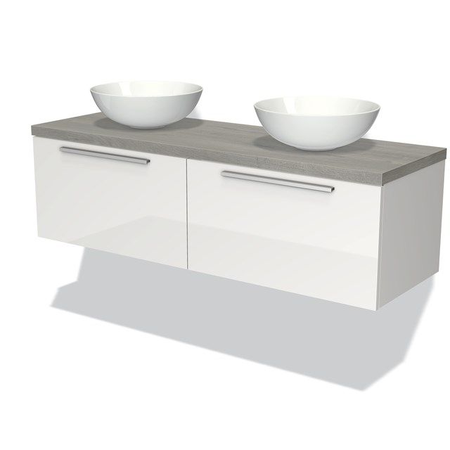 Maxaro Badkamermeubel Modulo Plato 140cm Hoogglans Wit 2 Lades Vlak Grijs Eiken