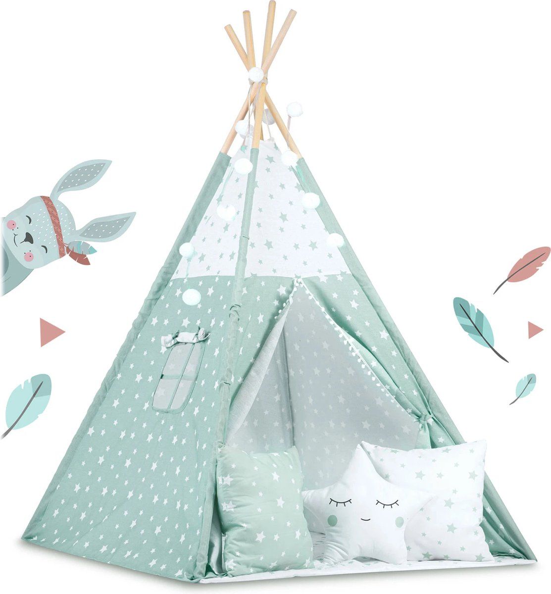 Viking Choice Tipi tent - speeltent - met kussens en lampjes - mint groen