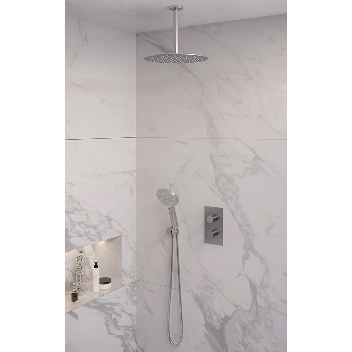 Brauer Regendoucheset 36 Inbouw Muur Brushed Edition 30cm Rond Geborsteld Nikkel PVD 2 Greeps 3-weg met Thermostaatkraan en Handdouche