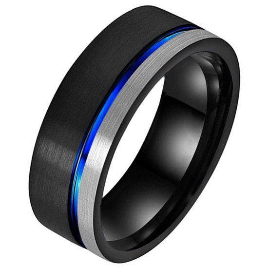 TJ Tom Jaxon Wolfraam heren ring Groef Zwart Zilverkleurig Blauw-17mm