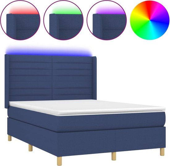 vidaXL Boxspring met matras en LED stof blauw 140x190 cm