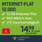 Mobilcom Debitel, Internet Flat 12.000 in Vodafone netwerk (24 maanden maandabonnement, 12 GB internetflat, LTE met maximaal 500 Mbit/s, EU-flat-roaming, triple-SIM-kaart)