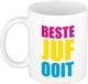 Bellatio Decorations Shoppartners Bv Beste juf ooit cadeau koffiemok / theebeker met roze/gele/blauwe blokletters 300 ml