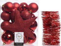 Decoris Kaemingk B.V. Kerstversiering kunststof kerstballen 35 stuks rood 5-6-8 cm met ster piek en folieslingers
