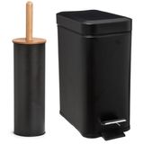 Zeller set d'accessoires pour salle de bain/toilettes - brosse WC/poubelle à pédale 5L - noir - métal/bambou