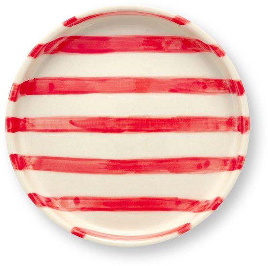 VT Wonen Gebaksbord Stripes Rood Keramiek Rond 13 cm Vaatwasserbestendig Handbeschilderd