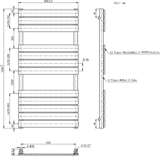 Linea Uno WOON-DISCOUNTER.NL - Radiator Glesborg 120 x 60 cm (Zwart) - - 402026