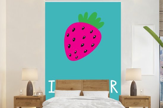 Nr1Wallpaper Behang - Fotobehang Illustratie met een aardbei en de quote I love summer - Breedte 200 cm x hoogte 300 cm