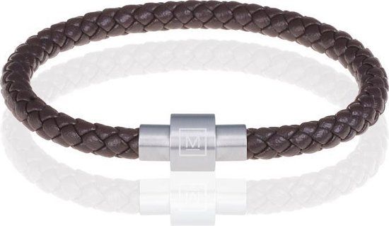 Memphis armband leer met edelstaal Donkerbruin Zilverkleurig-21cm
