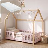 en.casa Kinderbed 'Sisimiut' roze/naturel grenenhout 70x140 cm met matras en valbeveiliging