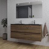 Saniclass Chaci Badkamermeubelset - 120x46x55cm - keramische wastafel zwart - 2 wasbakken - 2 kraangaten - 2 lades - rechthoekige spiegel - noten