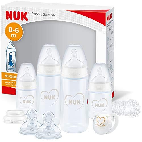NUK First Choice+ Perfect Start Babyflessen Set Anti-colic babyflessen (2 x 150 ml & 2 x 300 ml), flessenborstel & meer | | 0-6 maanden Met temperatuurregeling. Harten (wit)