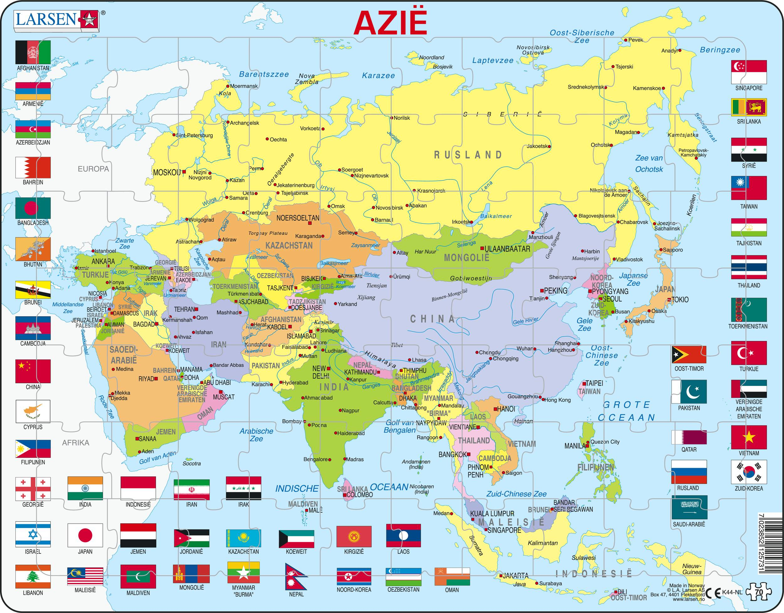 Larsen Kaart Azi&#235; met vlaggen  70 stukjes