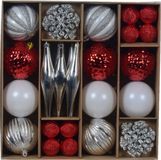 Decoris Kerstballen en ornamenten set - 46-delig - rood/wit/zilver - kunststof