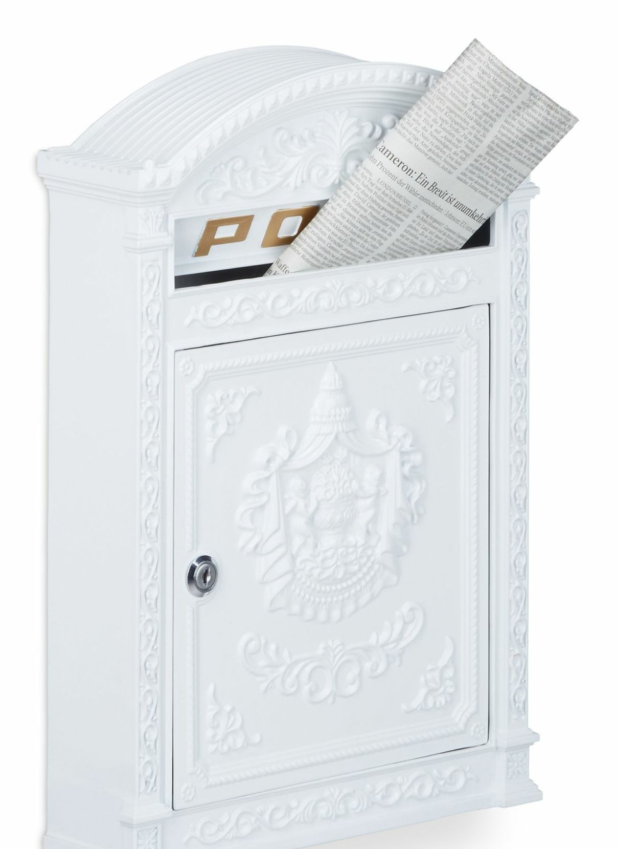 Relaxdays Wall-Mounted Mailbox - White & Gold - Patterned - with Lock