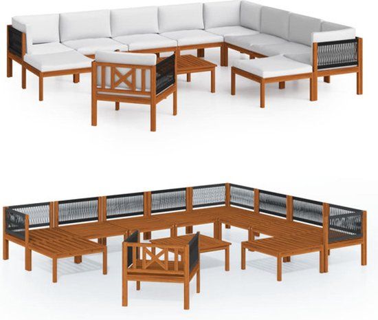 vidaXL 12-delige Loungeset met kussens, crèmekleurig, acaciahout