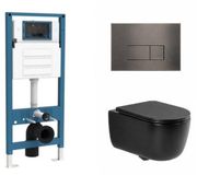QeramiQ Dely Swirl Toiletset - inbouwreservoir Qeramiq Flush - slim zitting - metaal gunmetal bedieningsplaat - rechthoekige knoppen - mat zwart