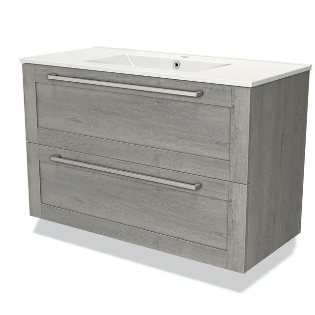 Maxaro Badkamermeubel 100cm Modulo Grijs Eiken 2 Lades Kader Wastafel Keramiek