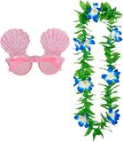 Merkloos Tropische Hawaii party accessoires set - schelpen zonnebril - en bloemenkrans groen/blauw - voor Adultes