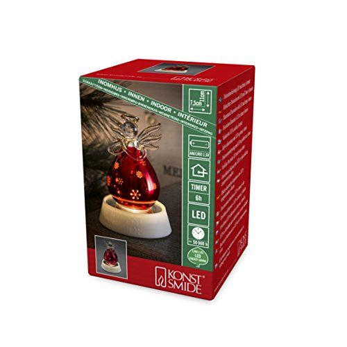 KONSTSMIDE 3392-550 LED glazen figuur "Engel", rood, klein/voor binnen (IP20) / 6h timer / 1 warm witte diodes / werkt op batterijen