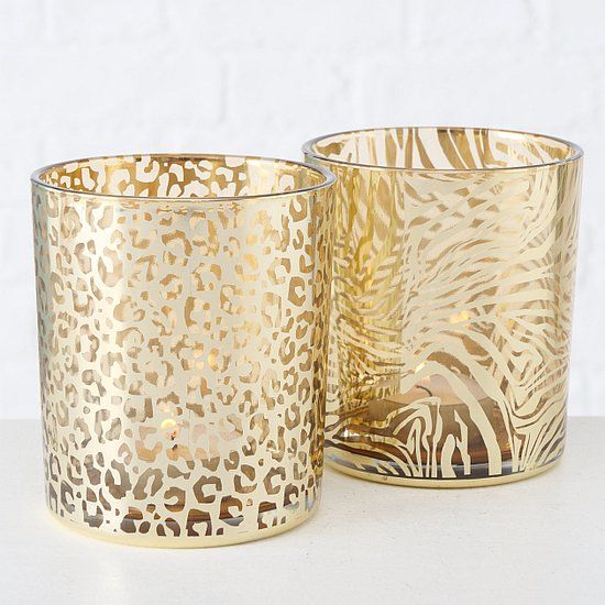 Boltze Home Boltze Windlicht Tijger - 2 stuks - Goud - Ø9cm - Glas