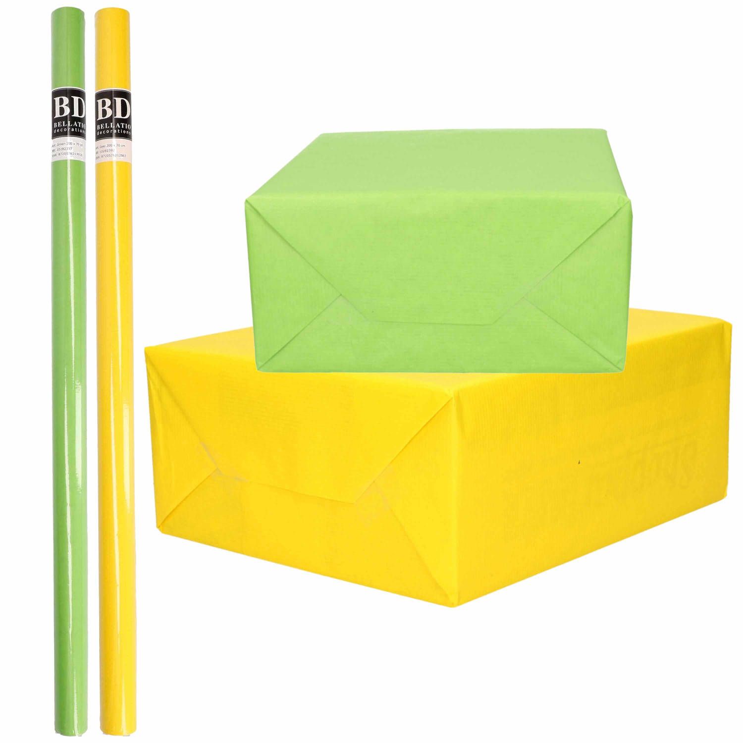 Bellatio Decorations 4x Rollen kraft inpakpapier geel lente/Pasen 200 x 70 cm