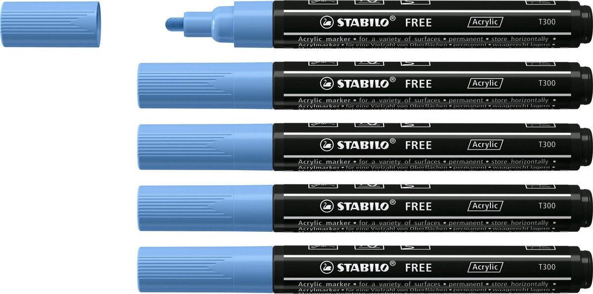 Stabilo FREE - Acryl Marker - T300 - Ronde Punt - 2-3 mm - Kobalt Blauw - Doos 5 stuks