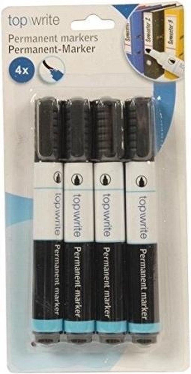 TOPWRITE 12x stuks watervaste permanent markers/stiften in de kleur zwart - Voor papier/karton