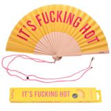 Fisura - Originele handwaaier "f*cking hot". Moderne en grappige houten waaier. Gele en roze waaier. Afmetingen: 42,5 x 23 cm. Hout en textiel.