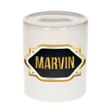 Bellatio Decorations Marvin Spaarpot - wit - met goud/zwart embleem - 8 x 9 cm - keramiek - met afsluitdop - cadeau verjaardag