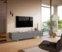 Meuble TV Cuor 220 cm Céramique Béton gris 1 clapet 2 tiroirs Pied optique flottant Verre acrylique