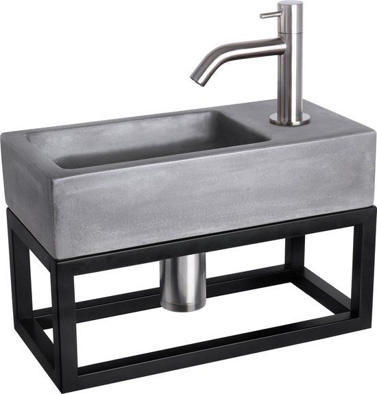 Differnz Ravo Fonteinset - Beton - Donkergrijs - Gebogen Kraan - Mat Chroom - 38.5x18.5x9 cm - Met Handdoekrek - Zwart