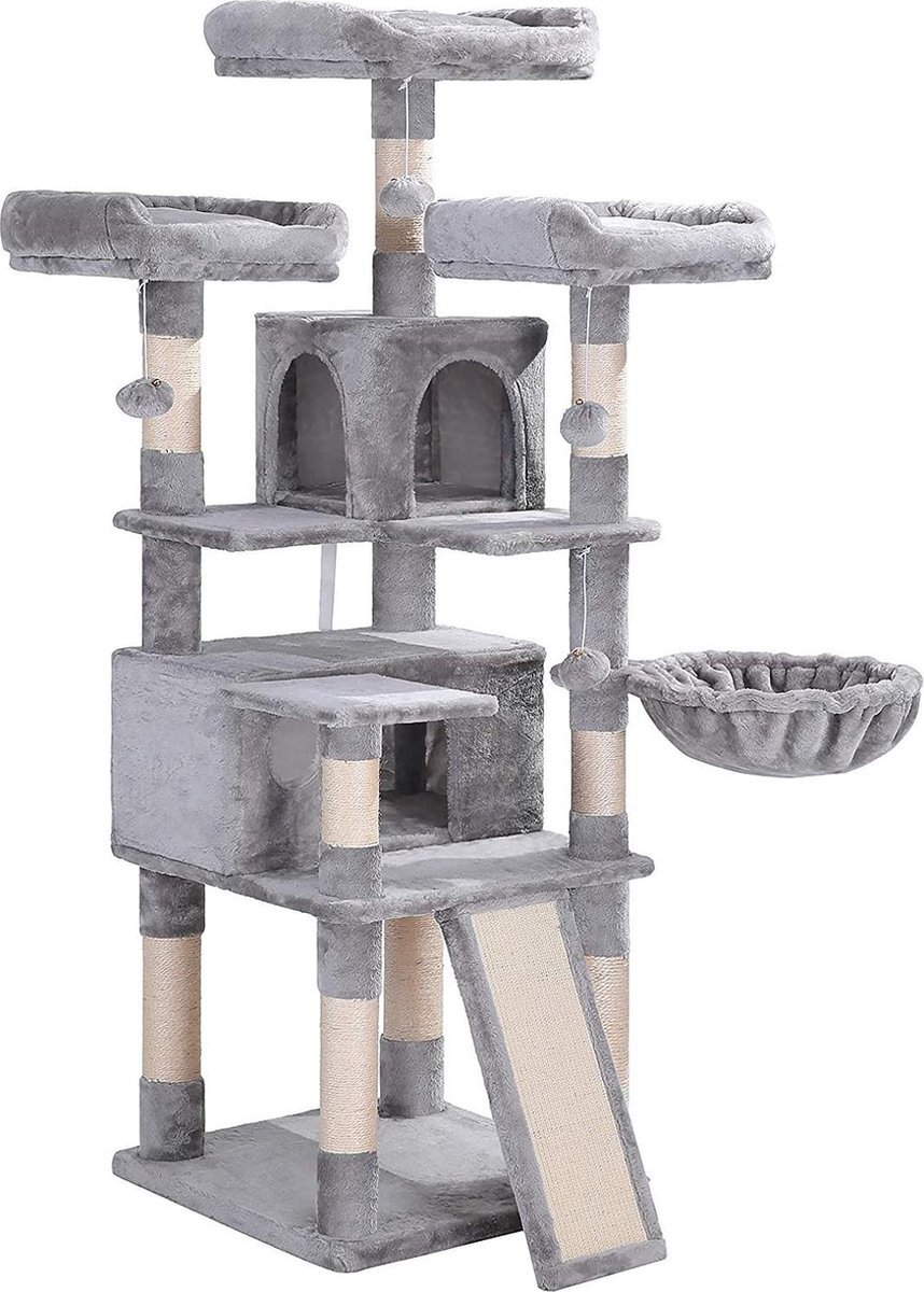 Acaza Katten krabpaal met twee huisjes en speeltjes voor meerdere katten, XXL, Cat Condo, 168 cm, Lichtgrijs Lichtgrijs