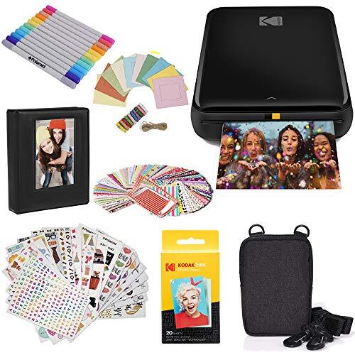 Kodak Step Instant Photo Printer met Bluetooth/NFC, 5,1 x 7,6 cm ZINK-fotopapier (Zwart) Bundel: Etui, 20 Pack Zink-papier, Album, Stickers, Markers