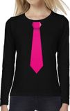 Bellatio Decorations Shoppartners Bv Stropdas fuchsia roze long sleeve t-shirt zwart voor dames