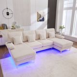Gutent-Bank Moderne U-vormige bank met LED-sfeerverlichting en USB-C-poort, massief houten frame, 4 luxe kussens en ergonomische premium rugleuning voor maximaal comfort, beige