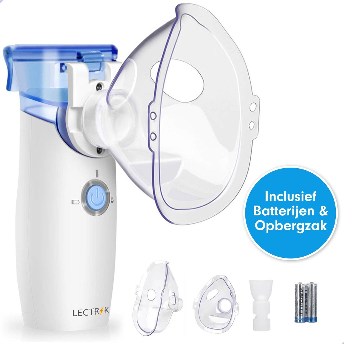 LECTRIK Inhalator - Aerosoltoestel - Vernevelaar - Waterverstuiver - Voor baby & volwassenen - Incl. Batterij / Opberghoes / 3 Mondstukjes